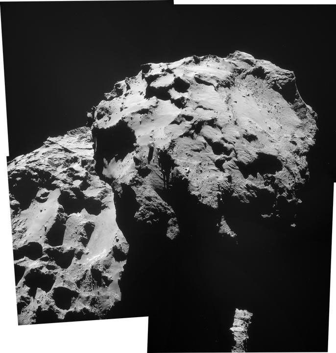 This mosaic of images from the navigation camera on the ESA's Rosetta spacecraft shows the nucleus of comet 67P/Churyumov-Gerasimenko as it appeared at in the early morning, Universal Coordinated Time, of Dec. 17, 2014 (evening of Dec. 16, PST).