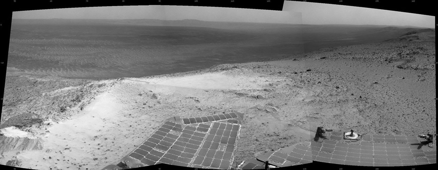 NASA's Mars Exploration Rover Opportunity recorded this view of the summit of 'Cape Tribulation,' on the western rim of Endeavour Crater on the day before the rover drove to the top.
