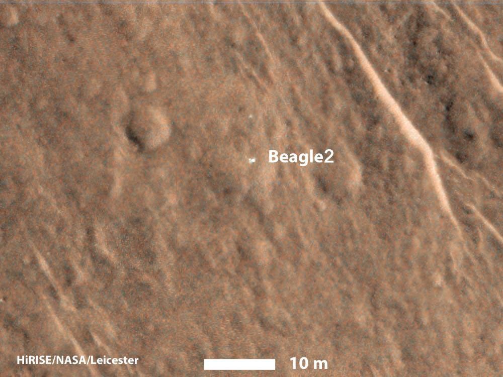 This annotated image taken on Dec. 15, 2014 by NASA's Mars Reconnaissance Orbiter shows a bright feature interpreted as the United Kingdom's Beagle 2 Lander, which was never heard from after its expected Dec. 25, 2003, landing.