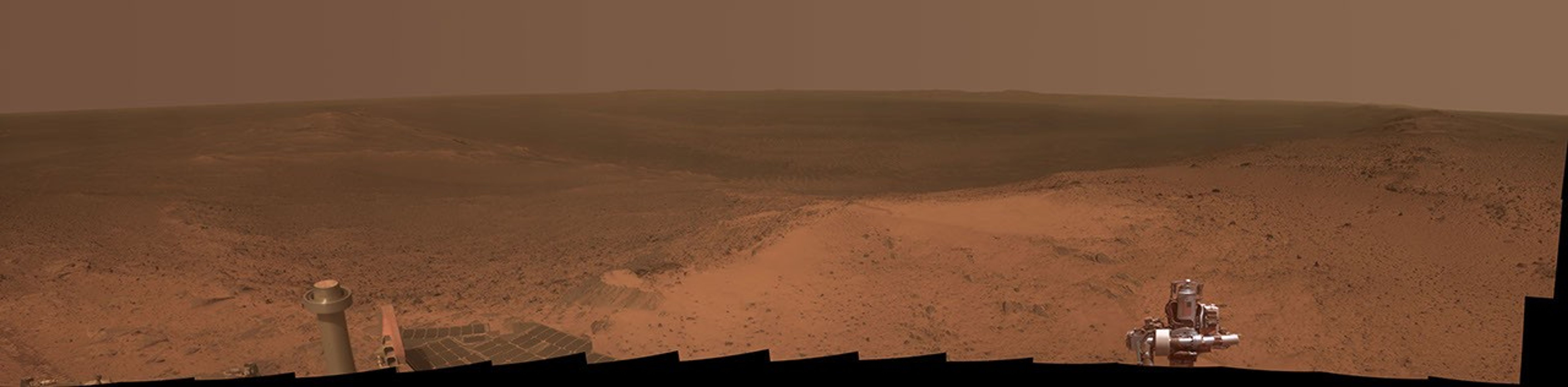 This panorama is the view NASA's Mars Exploration Rover Opportunity gained from the top of the 'Cape Tribulation' segment of the rim of Endeavour Crater.