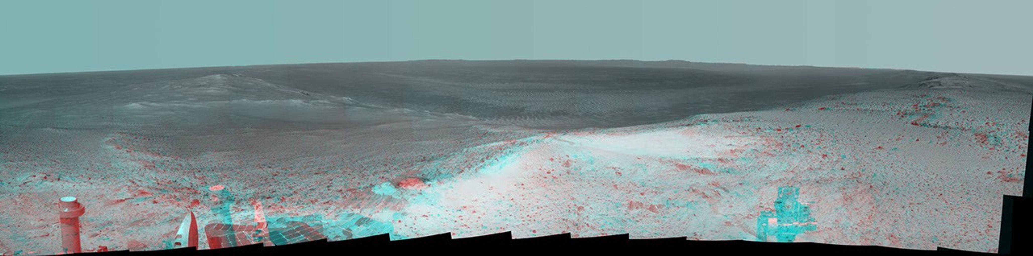 NASA's Mars Exploration Rover Opportunity gained this stereo vista from the top of a raised segment of the rim of Endeavour Crater. The view appears three-dimensional when seen through 3D glasses with red lens on the left.