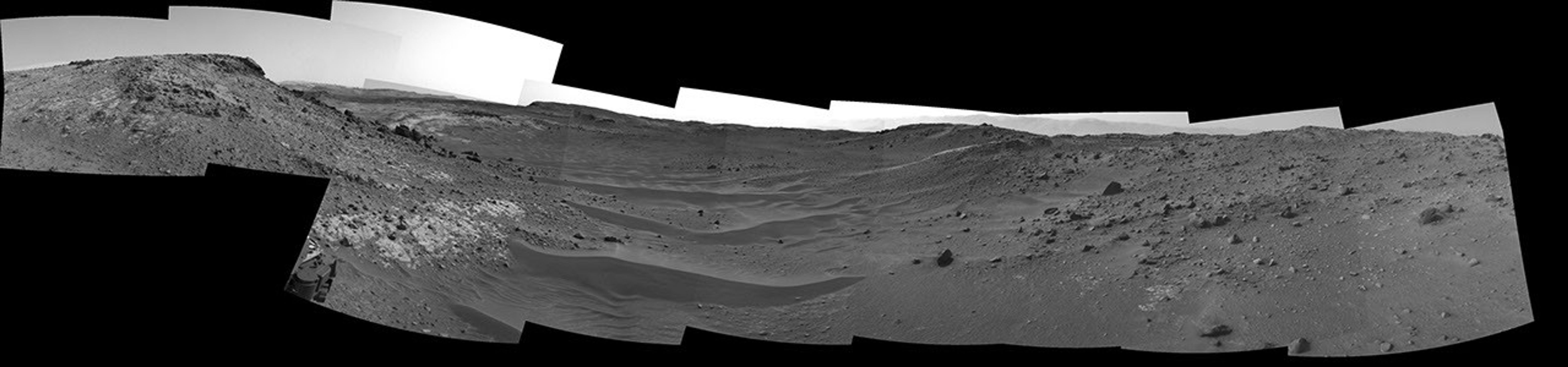 This view through a valley called 'Artist's Drive' from the Navigation Camera (Navcam) on NASA's Curiosity Mars rover shows the terrain ahead of the rover as it makes its way westward.