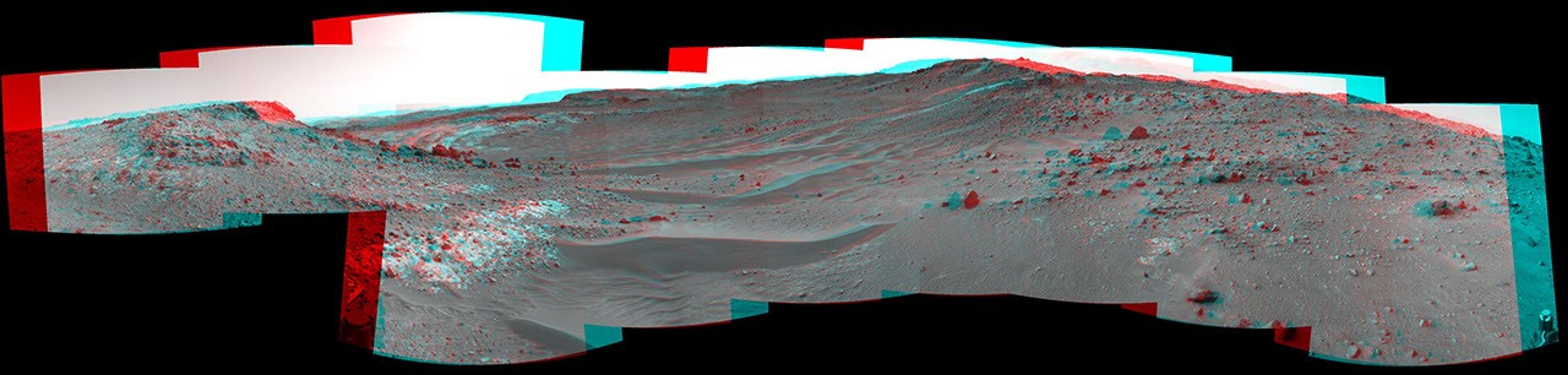 This stereo view from the Navigation Camera (Navcam) on NASA's Curiosity Mars rover shows the terrain ahead of the rover as it makes its way westward through a valley called 'Artist's Drive.' 3-D glasses are need to view this image.