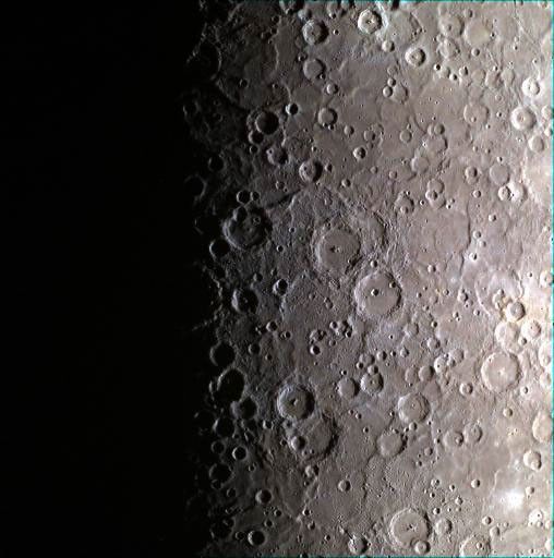 This image captured by NASA's MESSENGER spacecraft features a color view of the southern pole of Mercury. About midway down the image, the edge of the large Chao Meng-Fu crater,