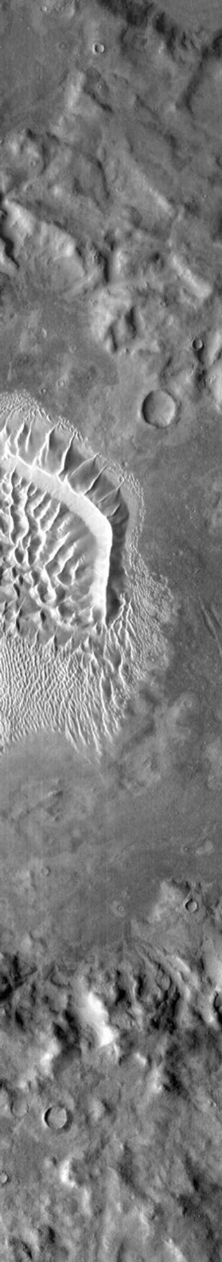 In this infrared image of the dunes on the floor of Russell Crater, the dunes are brighter than the surround materials, as shown in this image from NASA's 2001 Mars Odyssey spacecraft.