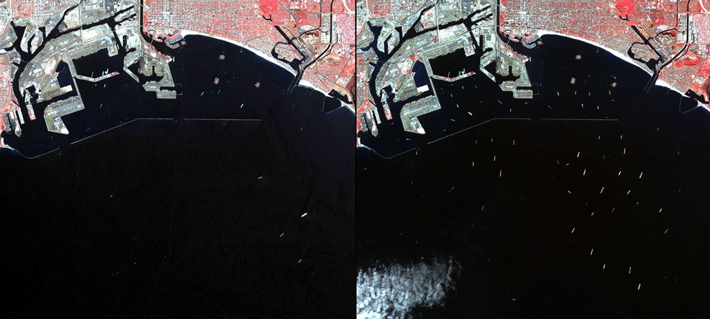 In southern California, the combined ports of Los Angeles and Long Beach account for 33% of the nation's containerized imports. This image from NASA's Terra spacecraft shows the large backlog of waiting cargo ships being slowly unloaded.