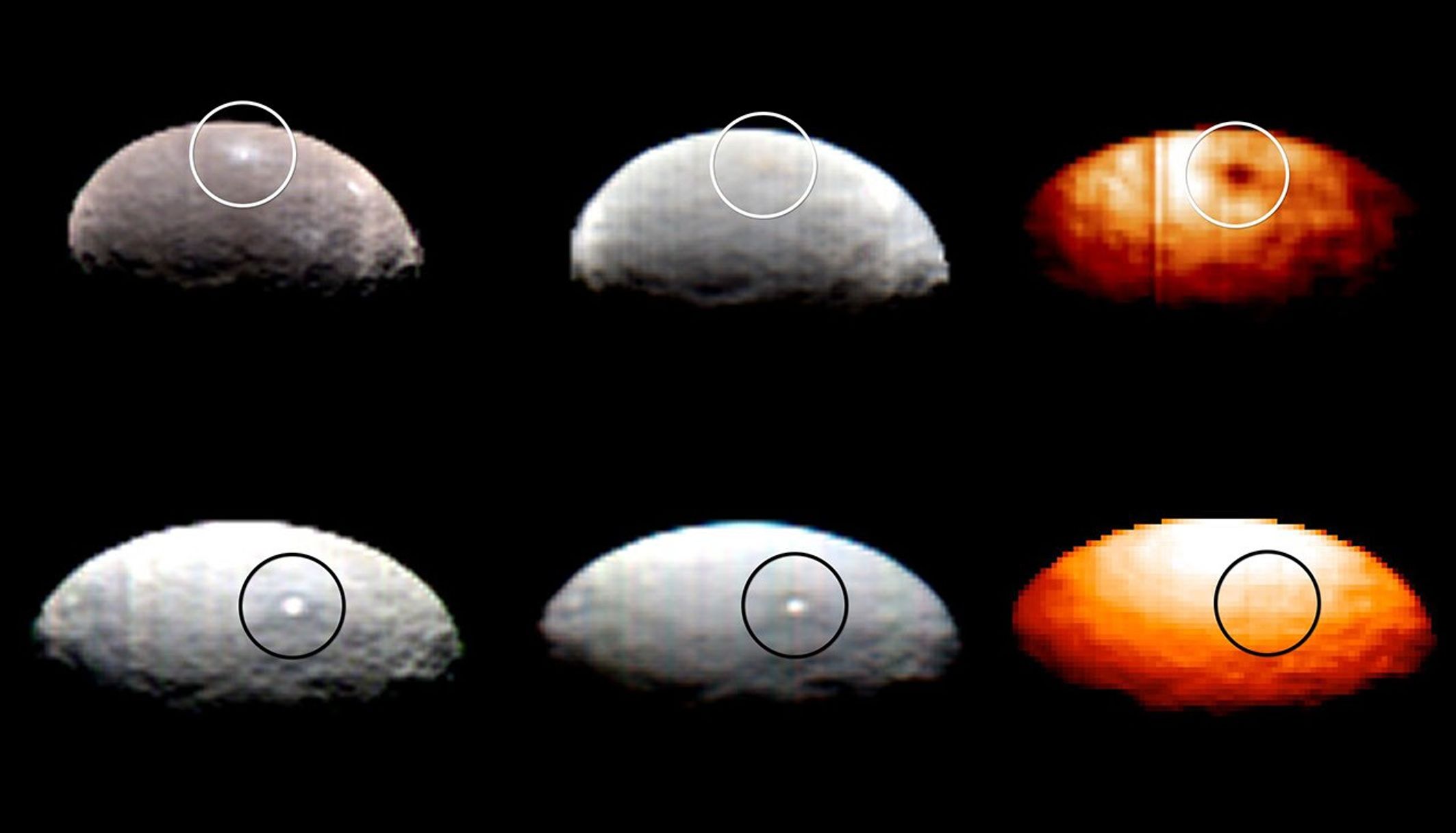 These images, from Dawn's visible and infrared mapping spectrometer (VIR), highlight two regions on Ceres containing bright spots. The top images show a region scientists have labeled '1' while the region labeled '5' is shown in the bottom images.