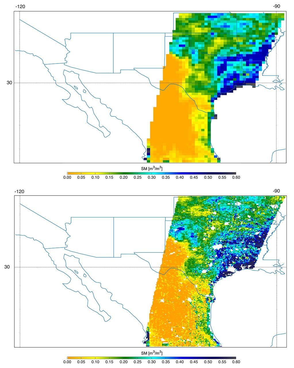 Southern U.S. SMAP soil moisture retrievals from April 27, 2015, when severe storms were affecting Texas.