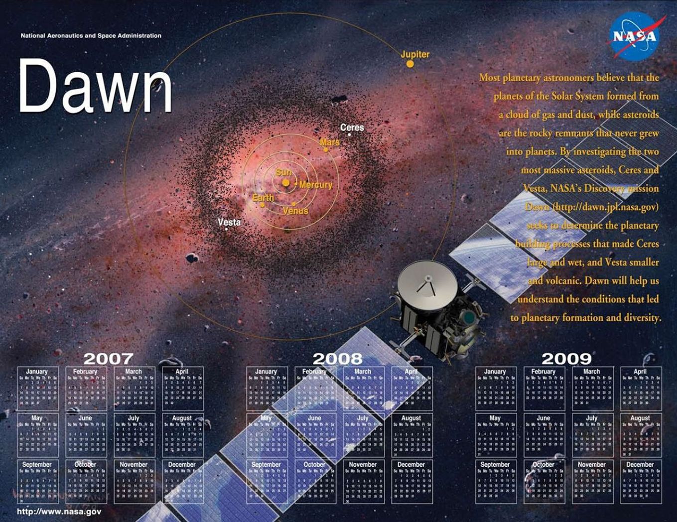 2007-2012 Double-sided Mission Events Calendar, part of the Dawn Mission Art series.