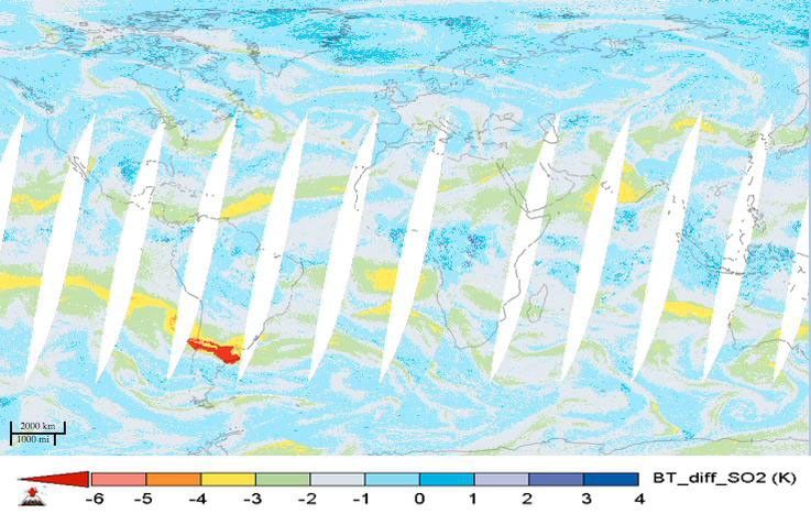This frame from a movie shows alternating day and nighttime views of the plume of sulfur dioxide gas emitted by Calbuco, as observed by NASA's AIRS instrument onbpard NASA's Aqua spacecraft, from April 22 to May 4, 2015.