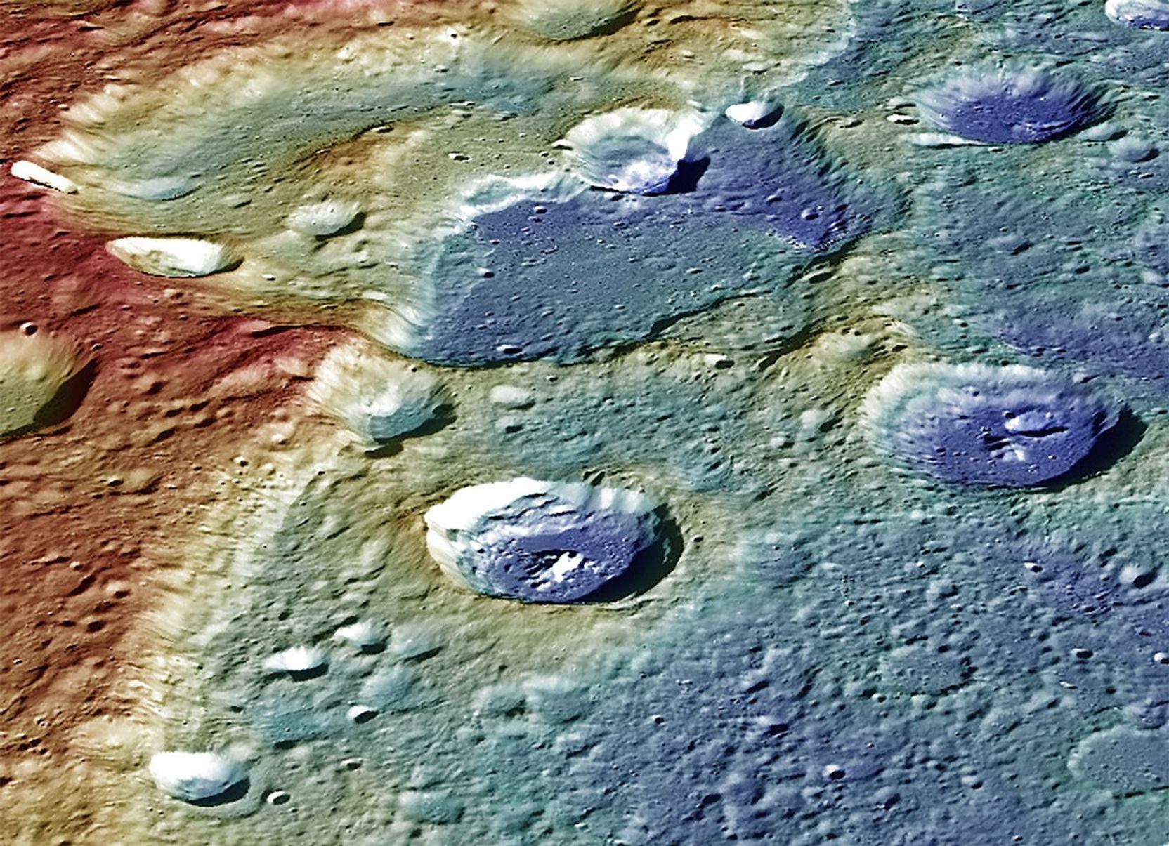 This image from NASA's MESSENGER spacecraft provides a perspective view of the center portion of Carnegie Rupes, a large tectonic landform, which cuts through Duccio crater.
