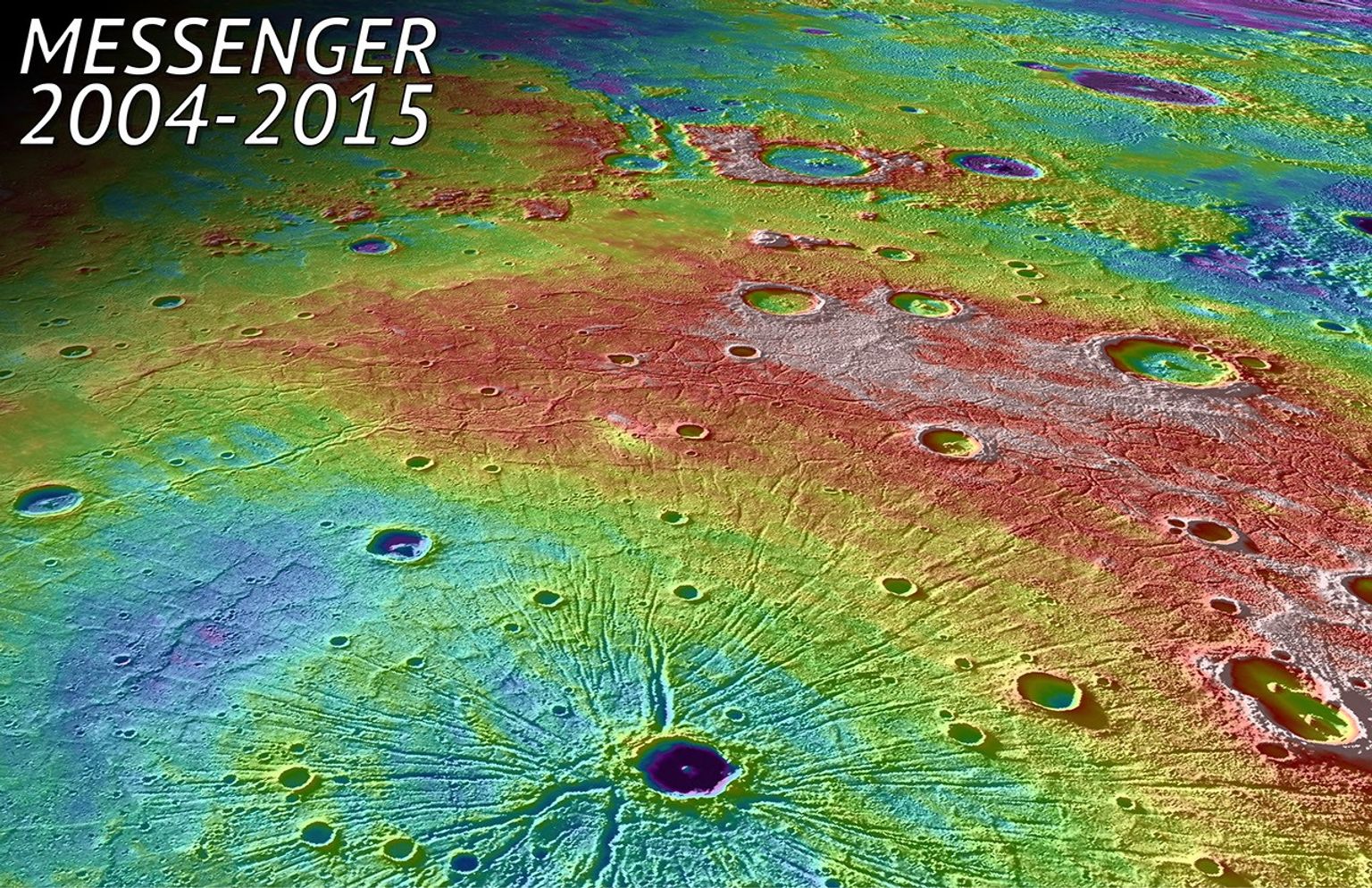 In this perspective view, NASA's MESSENGER spacecraft looked northwest over the Caloris Basin, a depression about 1500 km in diameter formed several billion years ago by the impact of a large projectile into the surface of Mercury.