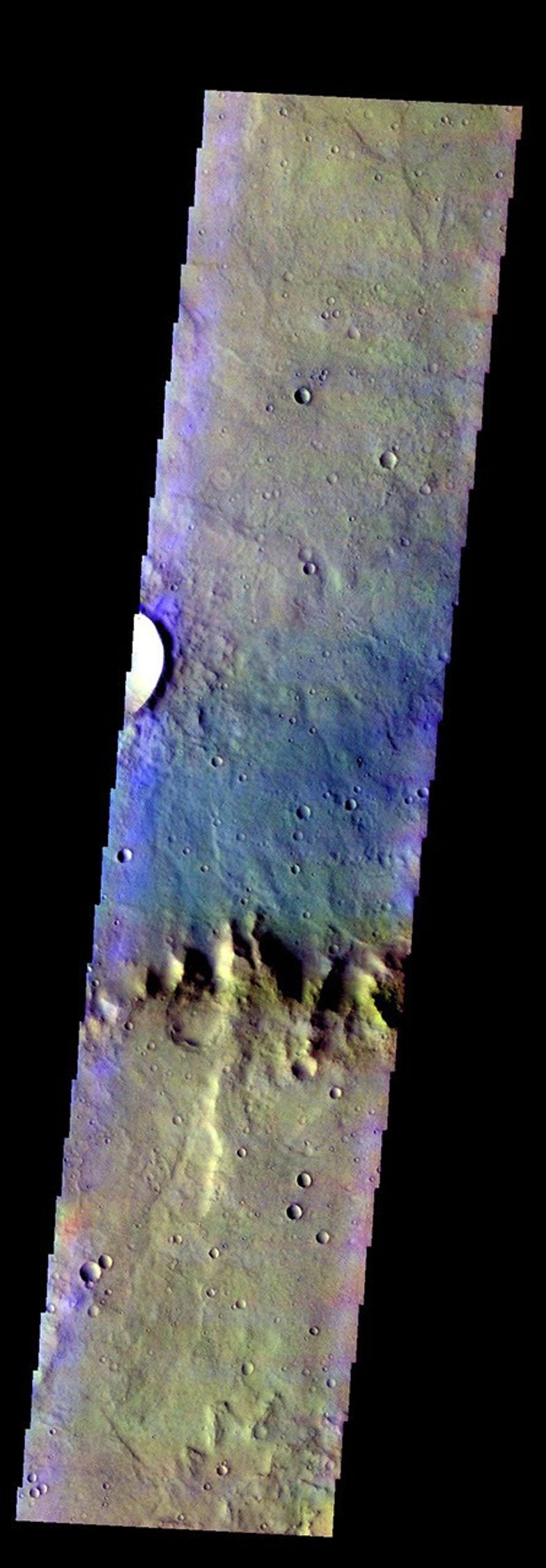 The THEMIS VIS camera contains 5 filters. The data from different filters can be combined in multiple ways to create a false color image. This image from NASA's 2001 Mars Odyssey spacecraft shows part of the crater rim and floor of Flaugergues Crater.