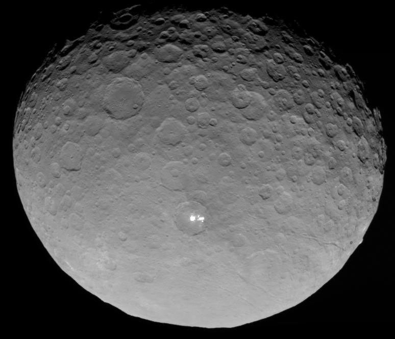 In this closest-yet view of Ceres, the brightest spots within a crater in the northern hemisphere are revealed to be composed of many smaller spots. This frame is from an animation of sequences taken by NASA's Dawn spacecraft on May 4, 2015.