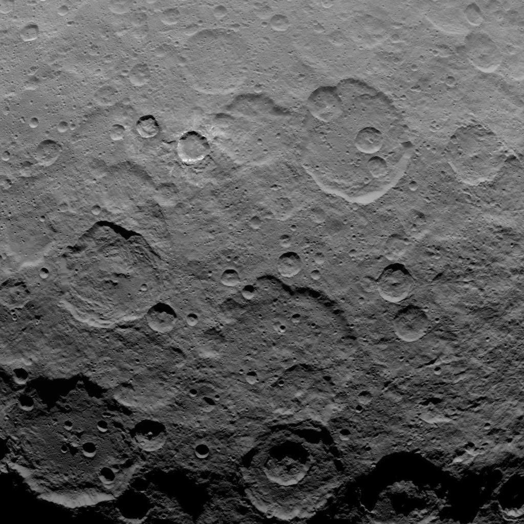 This image, taken by NASA's Dawn spacecraft, shows dwarf planet Ceres from an altitude of 2,700 miles (4,400 kilometers). The image, with a resolution of 1,400 feet (410 meters) per pixel, was taken on June 10, 2015.