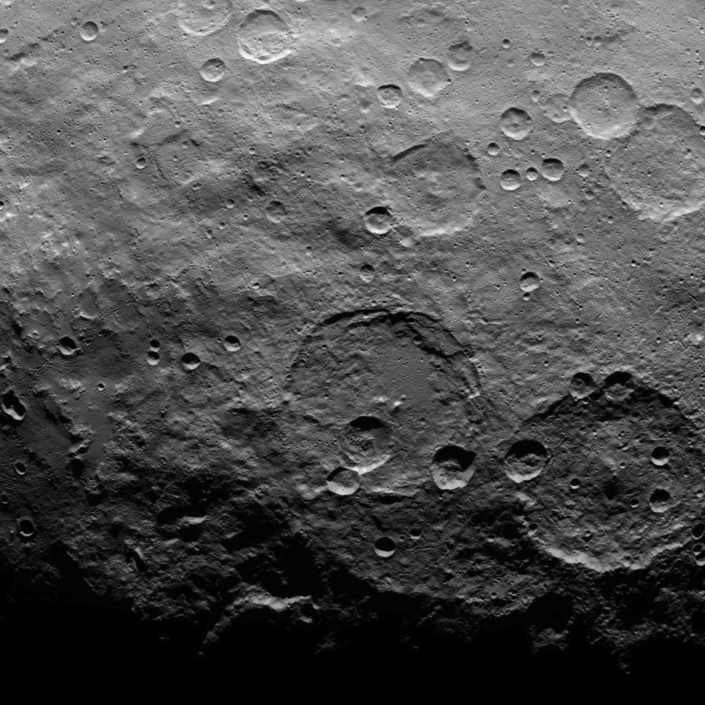 This image, taken by NASA's Dawn spacecraft on June 16, 2015, shows a portion of the southern hemisphere of dwarf planet Ceres from an altitude of 2,700 miles (4,400 kilometers), with a resolution of 1,400 feet (410 meters) per pixel.