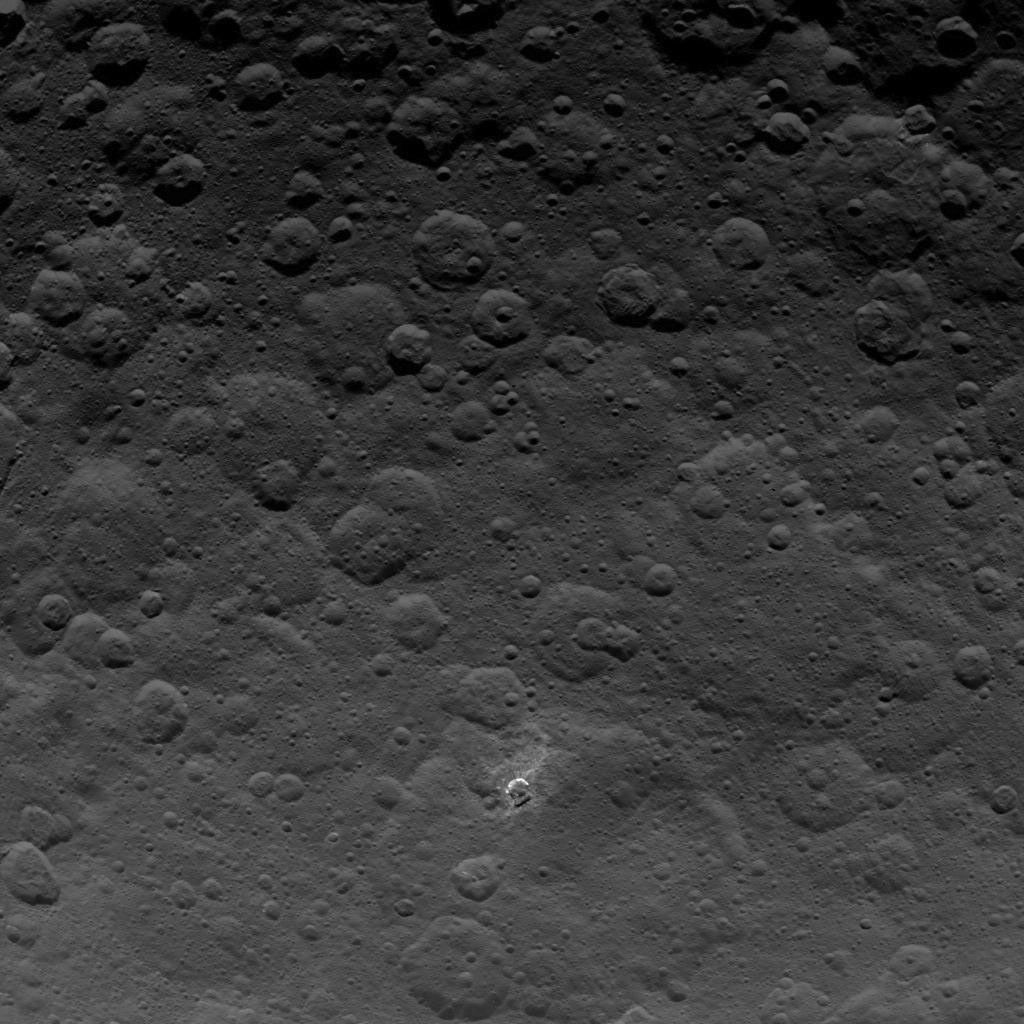This image, taken by NASA's Dawn spacecraft, shows a portion of the northern hemisphere of dwarf planet Ceres from an altitude of 2,700 miles (4,400 kilometers). The image, with a resolution of 1,400 feet (410 meters) per pixel, was taken on June 24, 2015