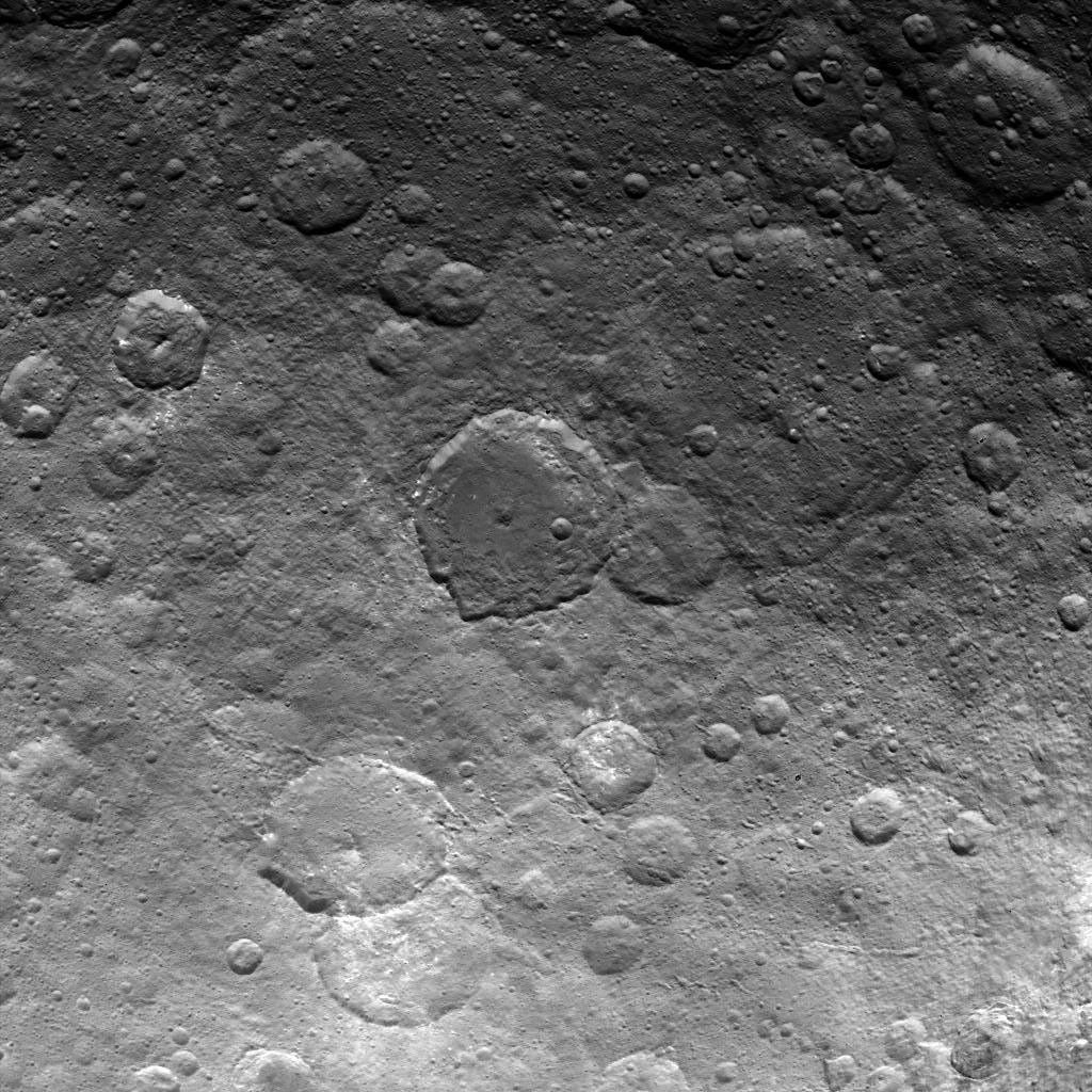 This image, taken by NASA's Dawn spacecraft, shows dwarf planet Ceres from an altitude of 2,700 miles (4,400 kilometers). The image, with a resolution of 1,400 feet (410 meters) per pixel, was taken on June 24, 2015.