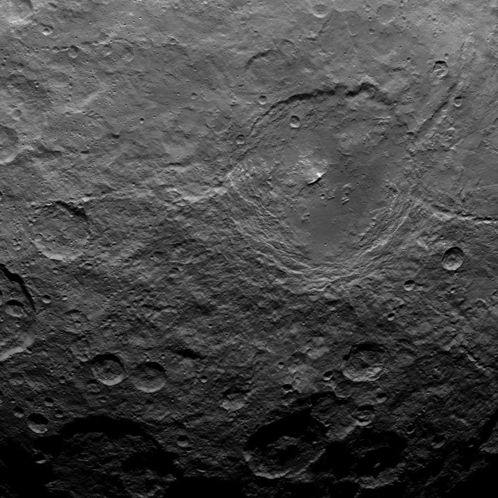 This image, taken by NASA's Dawn spacecraft, shows a portion of the southern hemisphere of dwarf planet Ceres from an altitude of 2,700 miles (4,400 kilometers). The image, with a resolution of 1,400 feet (410 meters) per pixel, was taken on June 25, 2015