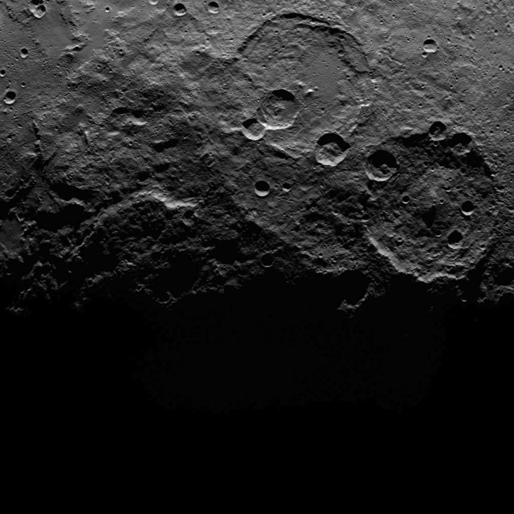 This image, taken on June 25, 2015 by NASA's Dawn spacecraft, shows a portion of the southern hemisphere of dwarf planet Ceres from an altitude of 2,700 miles (4,400 kilometers), with a resolution of 1,400 feet (410 meters) per pixel.