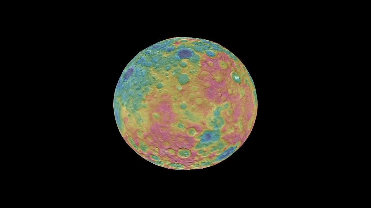 This frame from an animation shows a color-coded map from NASA's Dawn mission revealing the highs and lows of topography on the surface of dwarf planet Ceres.