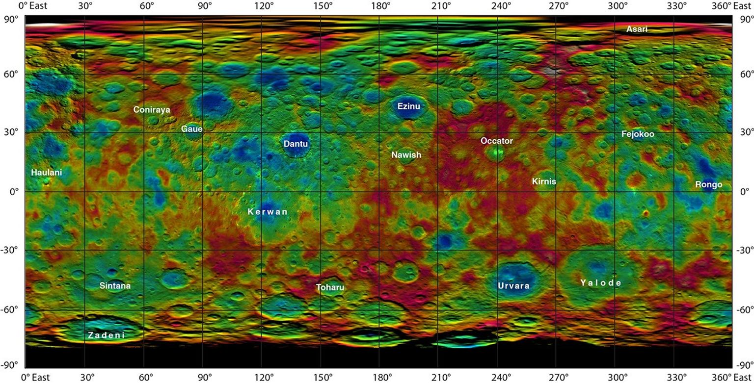This color-coded map from NASA's Dawn mission shows the highs and lows of topography on the surface of dwarf planet Ceres. It is labeled with names of features approved by the International Astronomical Union.