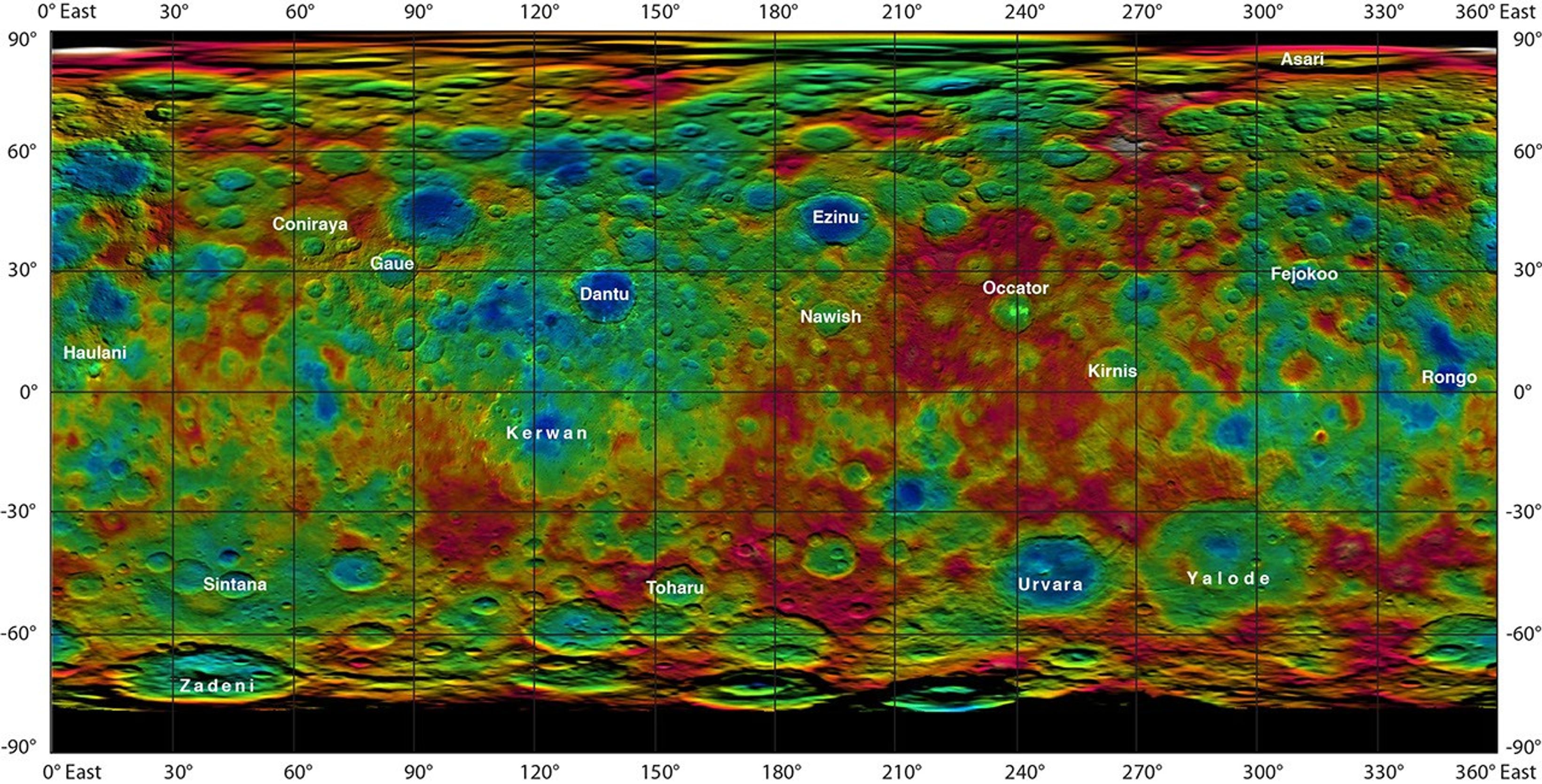 This color-coded map from NASA's Dawn mission shows the highs and lows of topography on the surface of dwarf planet Ceres. It is labeled with names of features approved by the International Astronomical Union.
