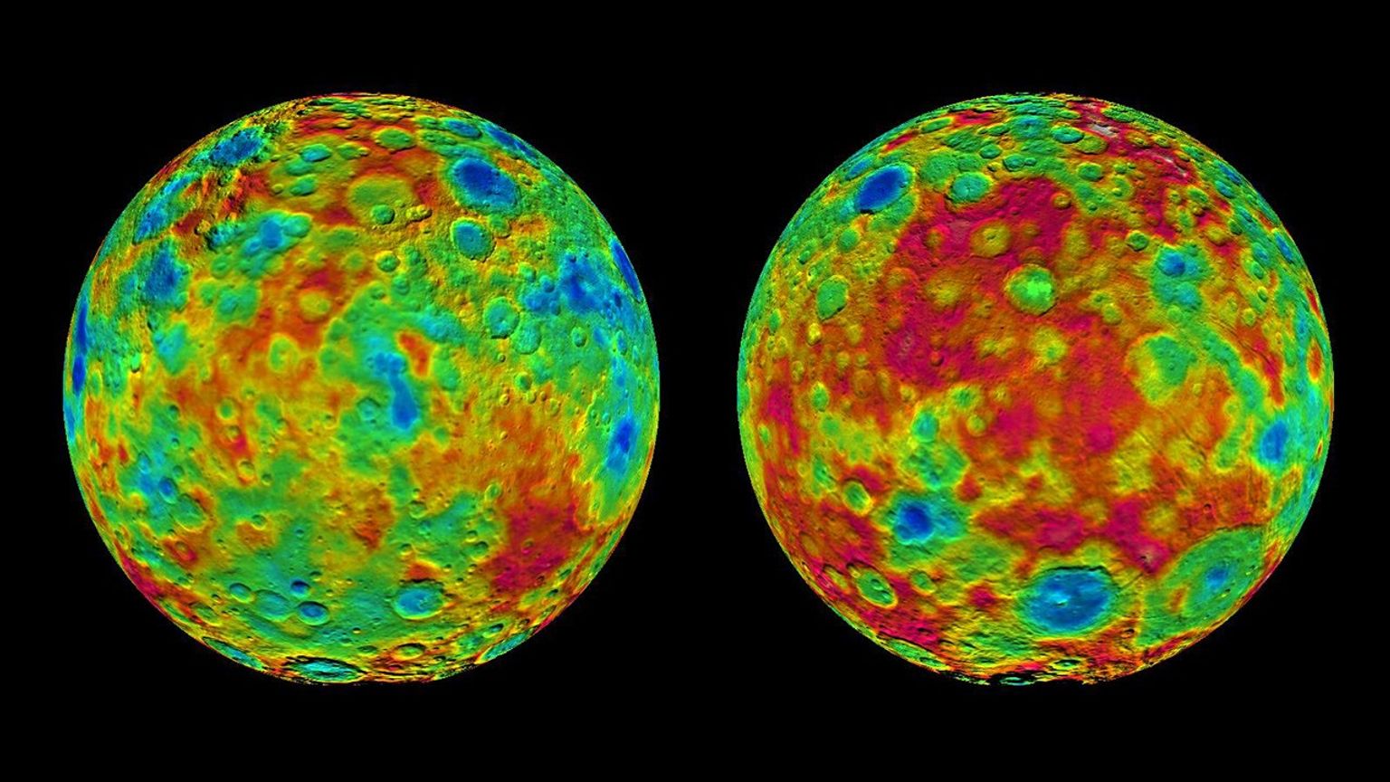 This pair of images shows color-coded maps from NASA's Dawn mission, revealing the highs and lows of topography on the surface of dwarf planet Ceres.