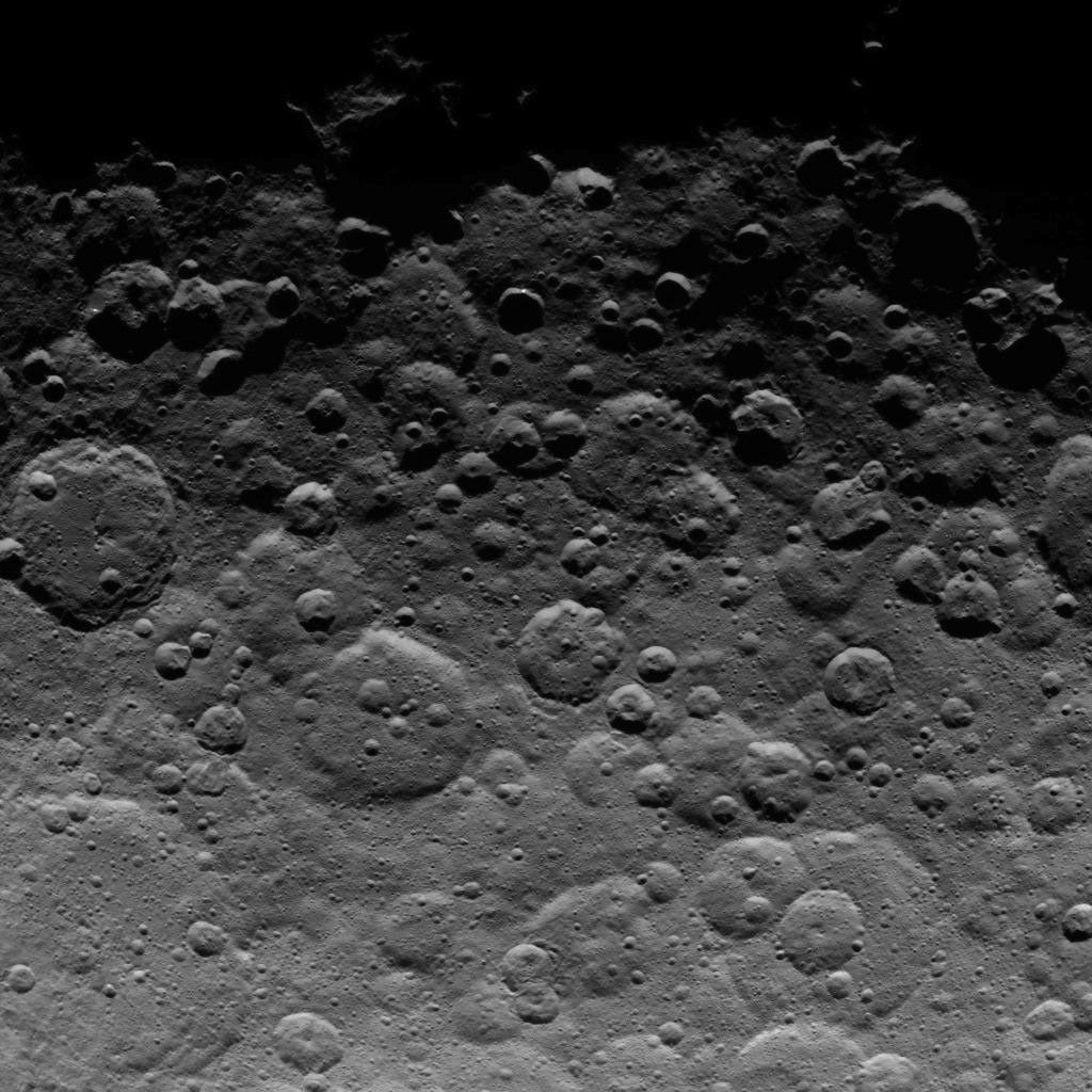 This image, taken by NASA's Dawn spacecraft on June 24, 2015, shows cratered terrain near the day-night line, called the terminator, on dwarf planet Ceres.