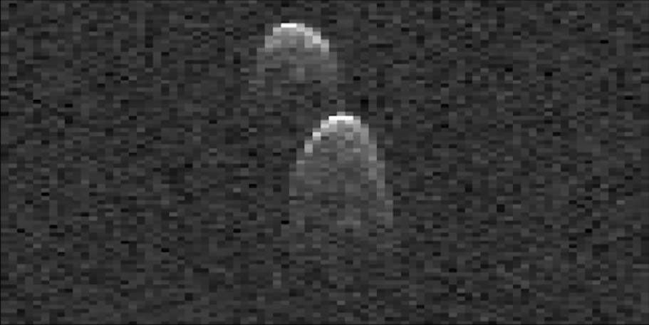 This frame from a movie made from radar images of asteroid 1999 JD6, obtained on July 25, 2015. The asteroid is approximately 1.2 miles (2 kilometers) on its long axis.