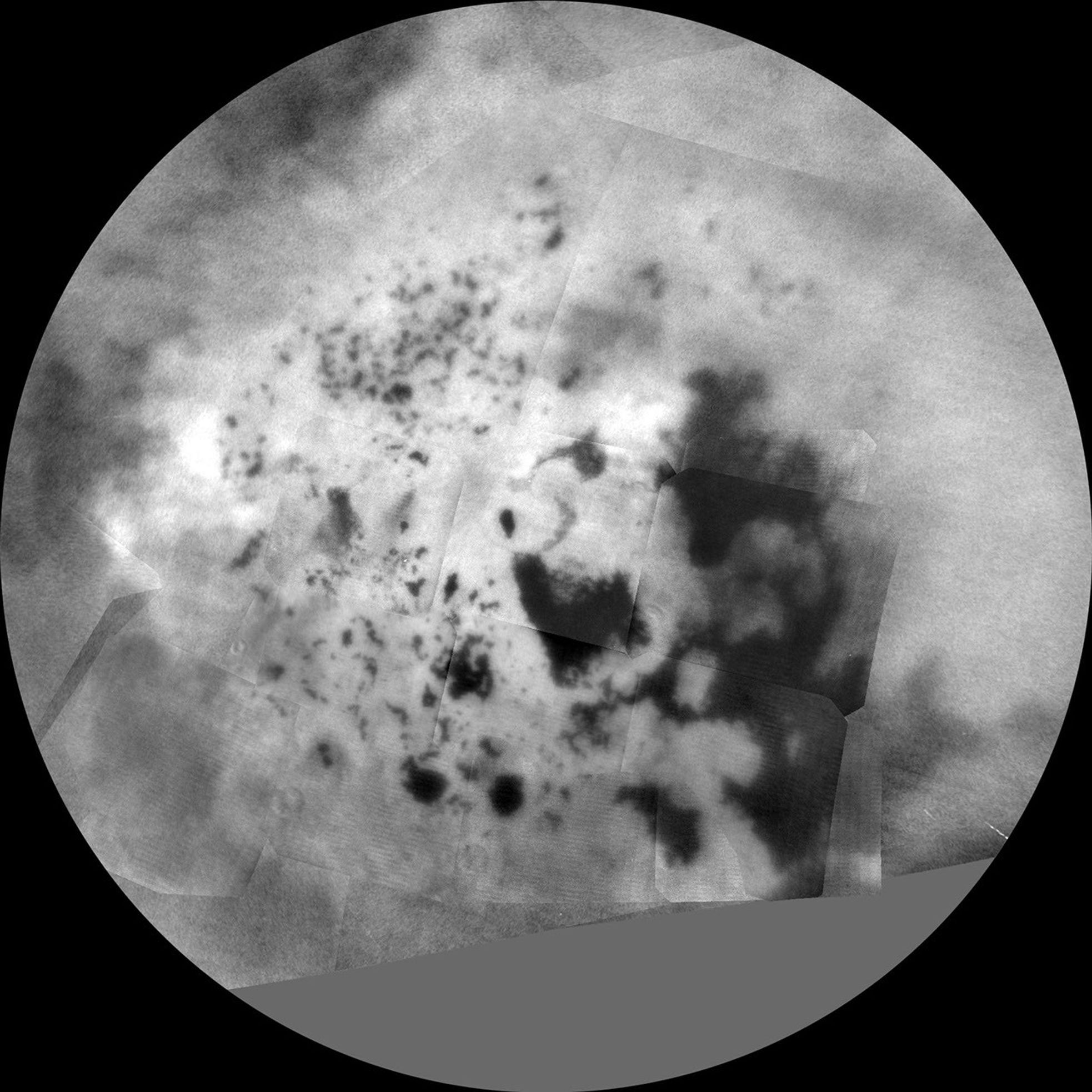 The northern and southern hemispheres of Titan are seen in these polar stereographic maps, assembled in 2015 using the best-available images of the giant Saturnian moon from NASA's Cassini mission.