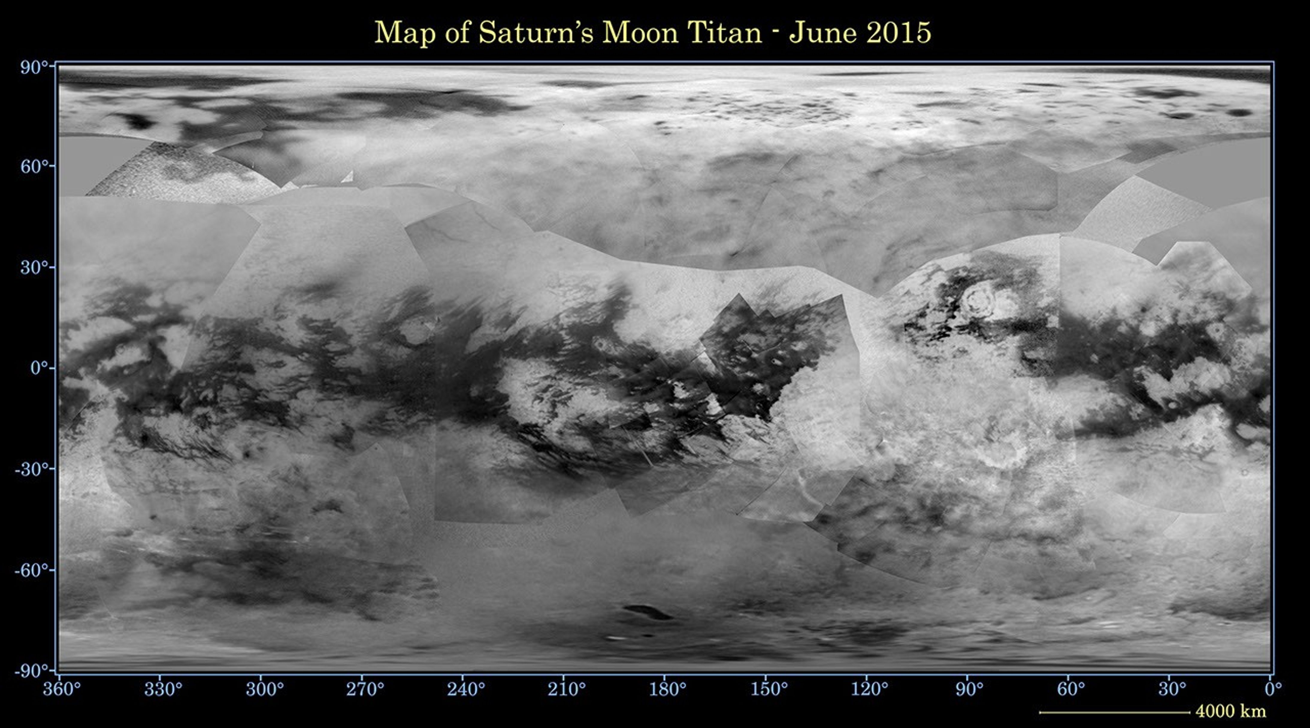 This global digital map of Saturn's moon Titan was created using images taken by NASA's Cassini spacecraft's. The map was produced in June 2015 using data collected through Cassini's flyby, known as 'T100,' on April 7, 2014.
