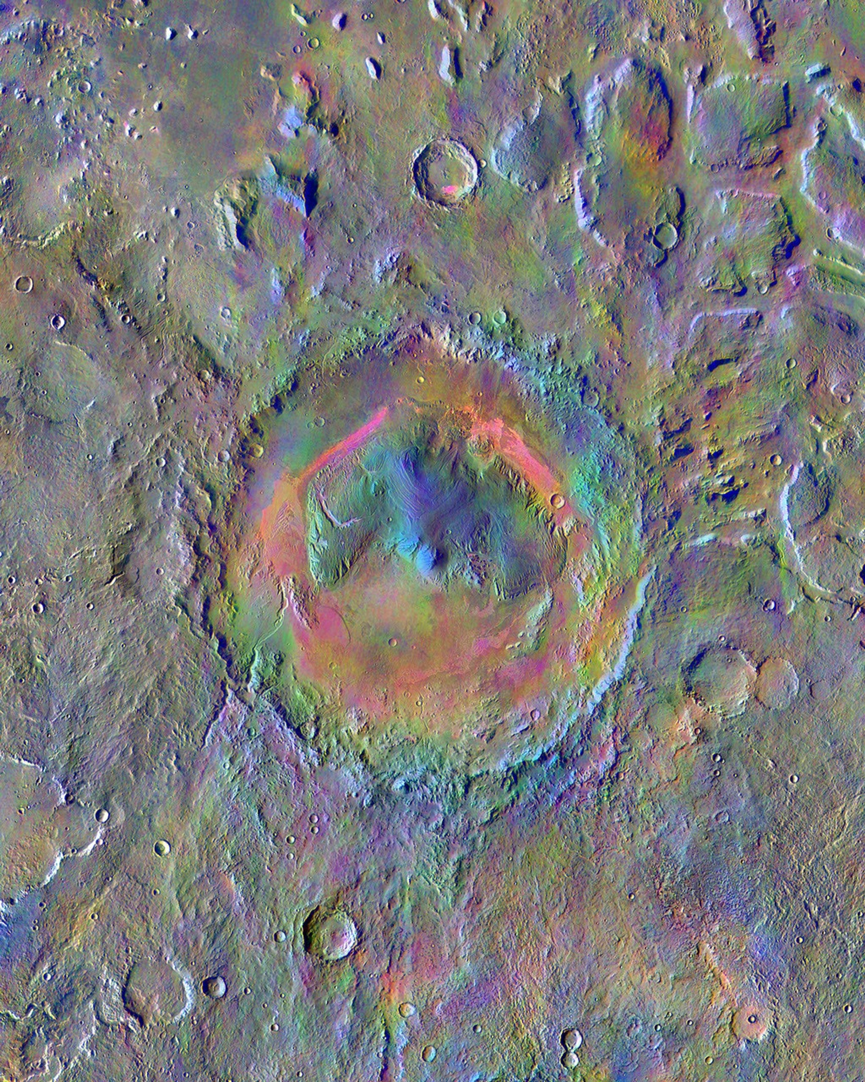 Gale Crater, home to NASA's Curiosity Mars rover, shows a new face in this mosaic image made using data from the Thermal Emission Imaging System (THEMIS) on NASA's Mars Odyssey orbiter.