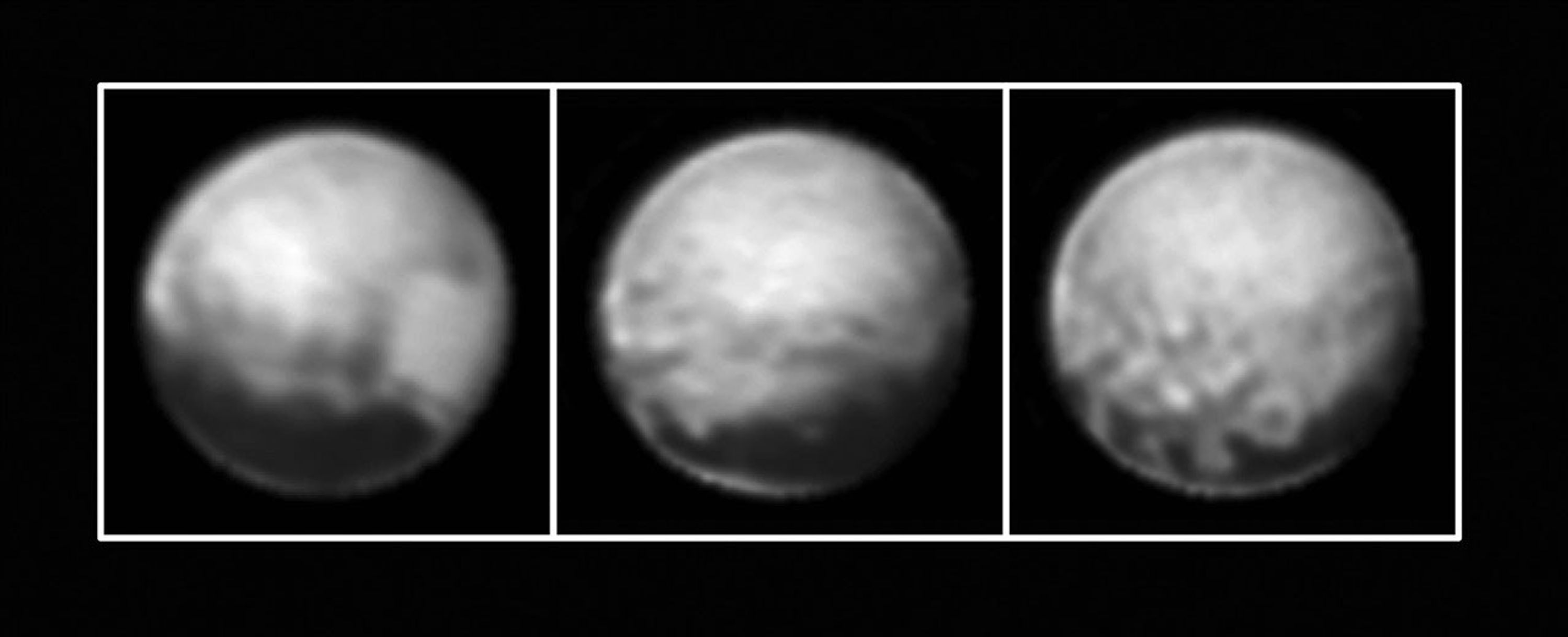 NASA's New Horizons spacecraft obtained these three images of Pluto between July 1-3, 2015, as the spacecraft closed in on its July 14 encounter with the dwarf planet and its moons.