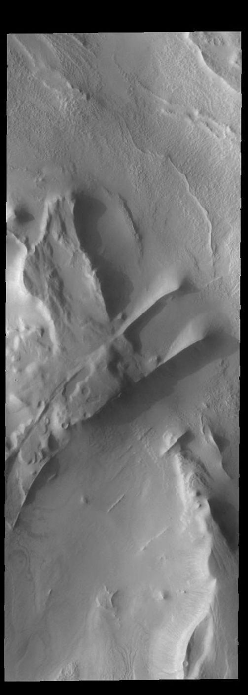 This image captured by NASA's 2001 Mars Odyssey spacecraft shows part of Cavi Angusti, a region of depressions near the south polar cap. The linear ridges in the image were likely formed by tectonic activity.