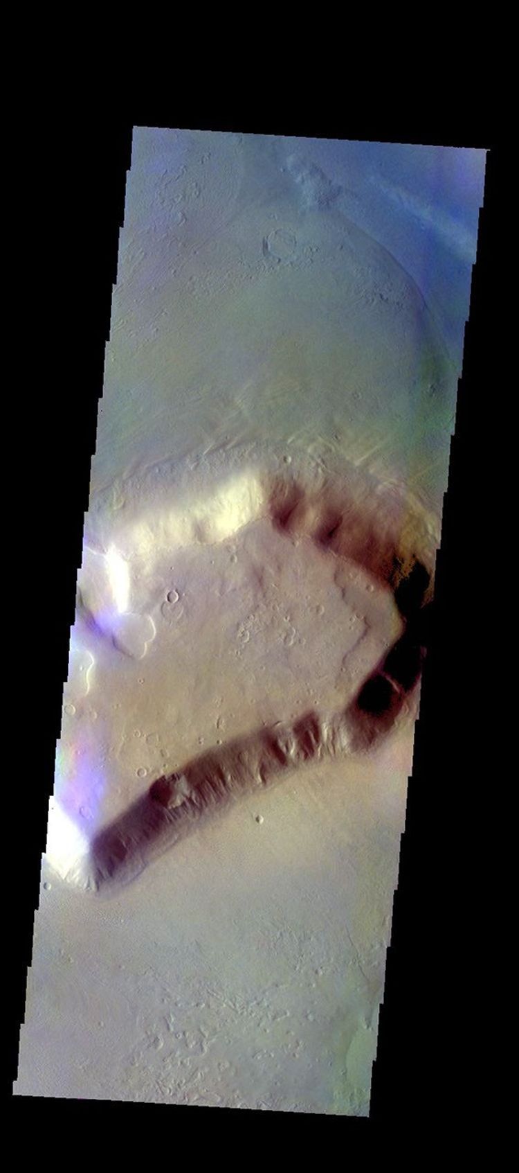 The THEMIS VIS camera contains 5 filters. The data from different filters can be combined in multiple ways to create a false color image. This image from NASA's 2001 Mars Odyssey spacecraft shows one of the many mesas that make up Deuteronilus Mensae.