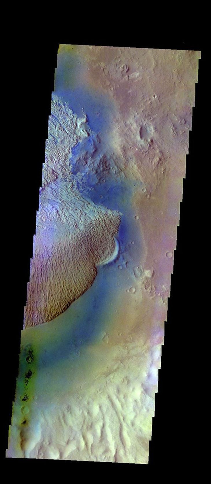 The THEMIS VIS camera contains 5 filters. The data from different filters can be combined in multiple ways to create a false color image. This image from NASA's 2001 Mars Odyssey spacecraft shows part of the floor of Becquerel Crater.