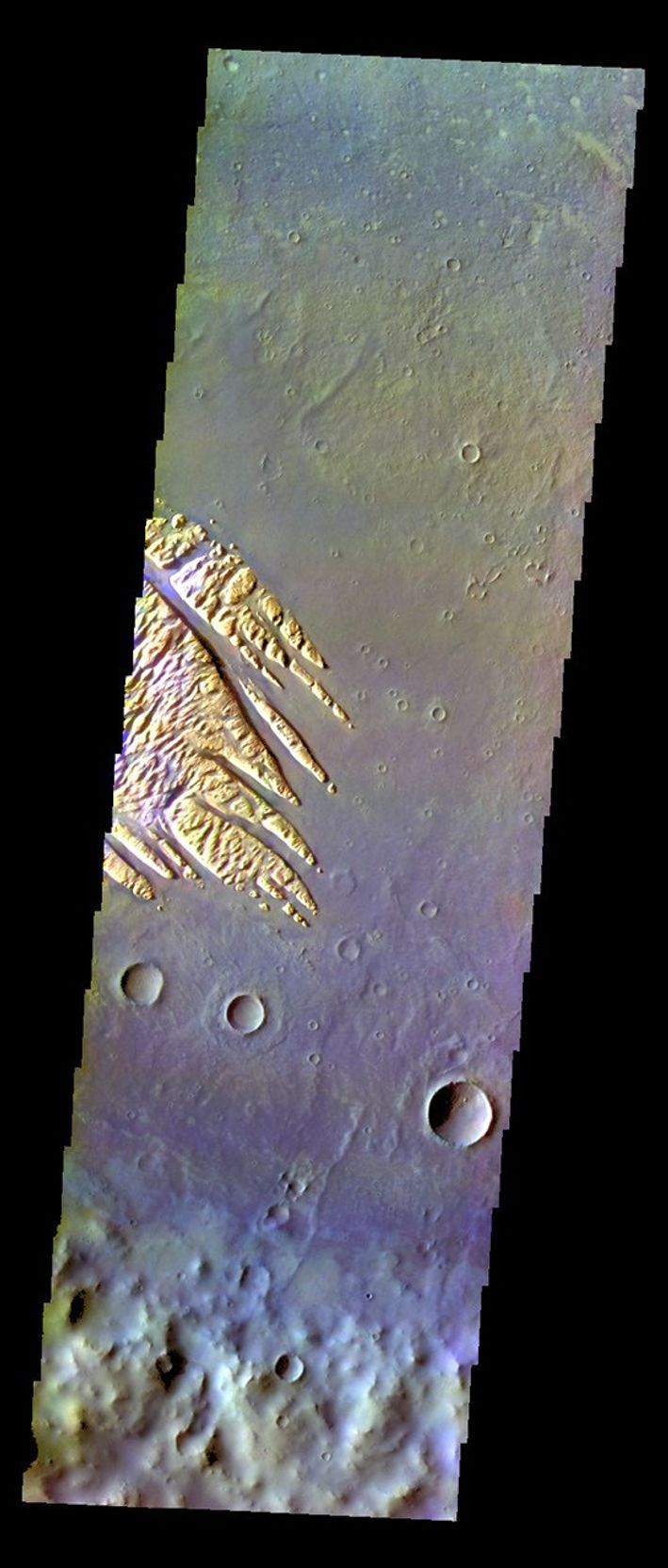 The THEMIS VIS camera contains 5 filters. The data from different filters can be combined in multiple ways to create a false color image. This image from NASA's 2001 Mars Odyssey spacecraft shows part of the floor of Pollack Crater.