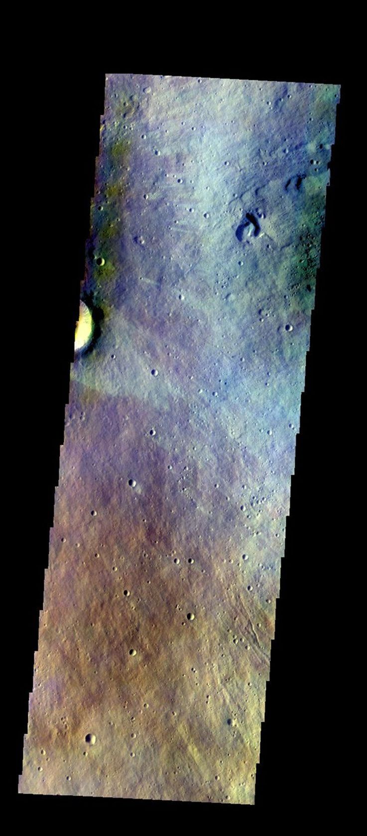 The THEMIS VIS camera contains 5 filters. The data from different filters can be combined in multiple ways to create a false color image. This image from NASA's 2001 Mars Odyssey spacecraft shows part of the eastern flank of Elysium Mons.