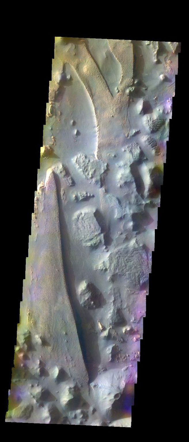 The THEMIS VIS camera contains 5 filters. The data from different filters can be combined in multiple ways to create a false color image. This image from NASA's 2001 Mars Odyssey spacecraft shows part part of Aureum Chaos.