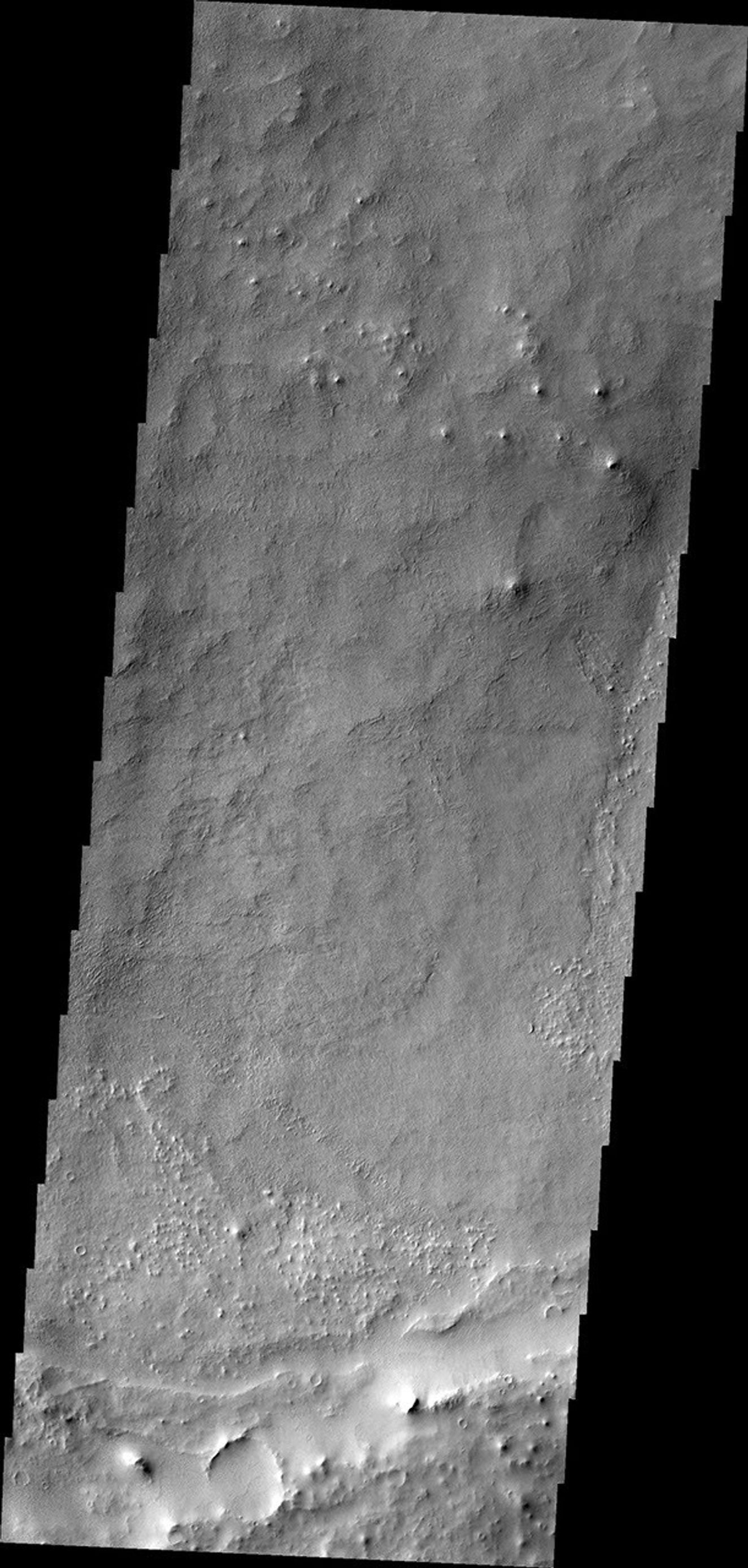 The ridge in the southern end of this image captured by NASA's 2001 Mars Odyssey spacecraft is part of an eroded crater rim, one of many such smaller impact craters that have collected on Schiaparelli's floor since it formed.