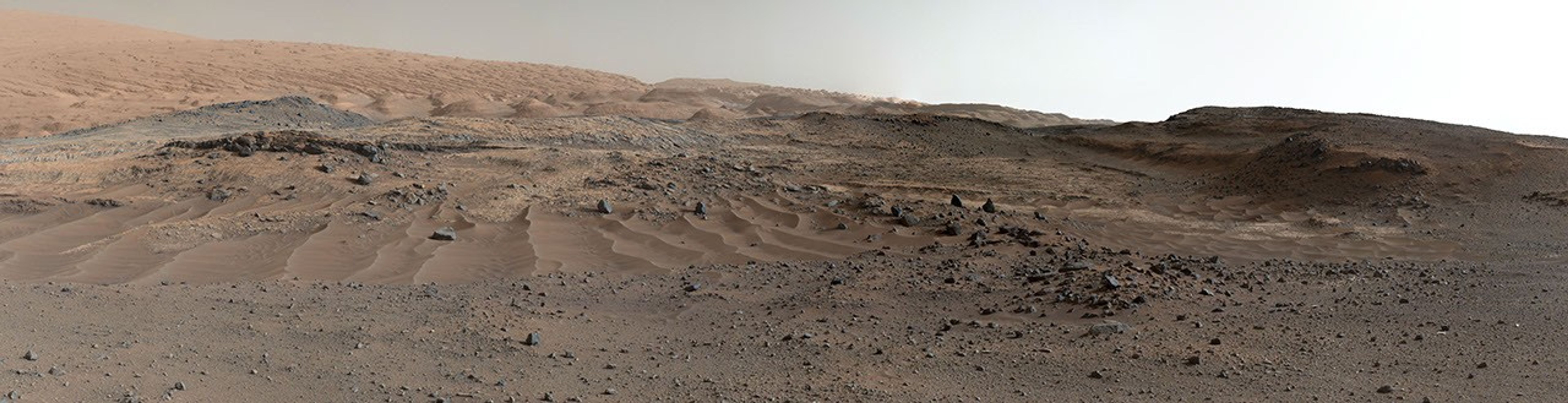 A southward-looking panorama combining images from both cameras of the Mast Camera (Mastcam) instrument on NASA's Curiosity Mars Rover shows diverse geological textures on Mount Sharp.