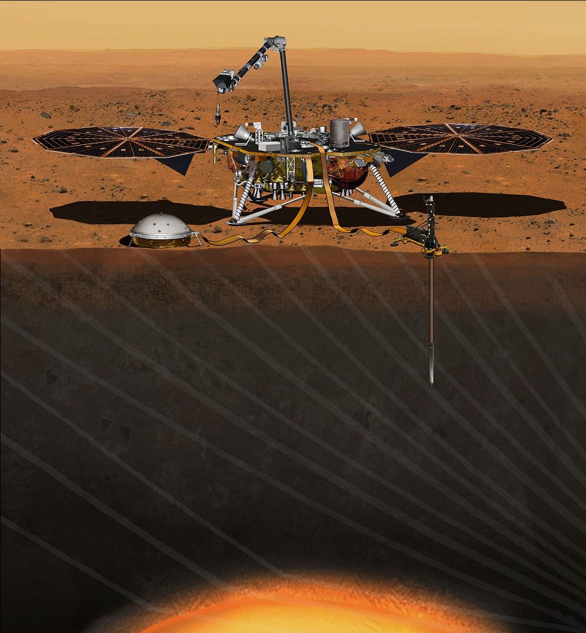 This artist's concept from August 2015 depicts NASA's InSight Mars lander fully deployed for studying the deep interior of Mars.