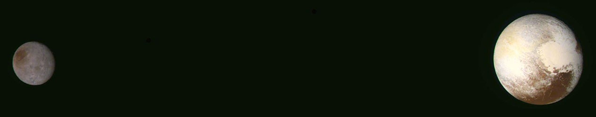 This image from NASA's New Horizons highlights the contrasting appearance of the two worlds: Charon is mostly gray, with a dark reddish polar cap, while Pluto shows a wide variety of subtle color variations.