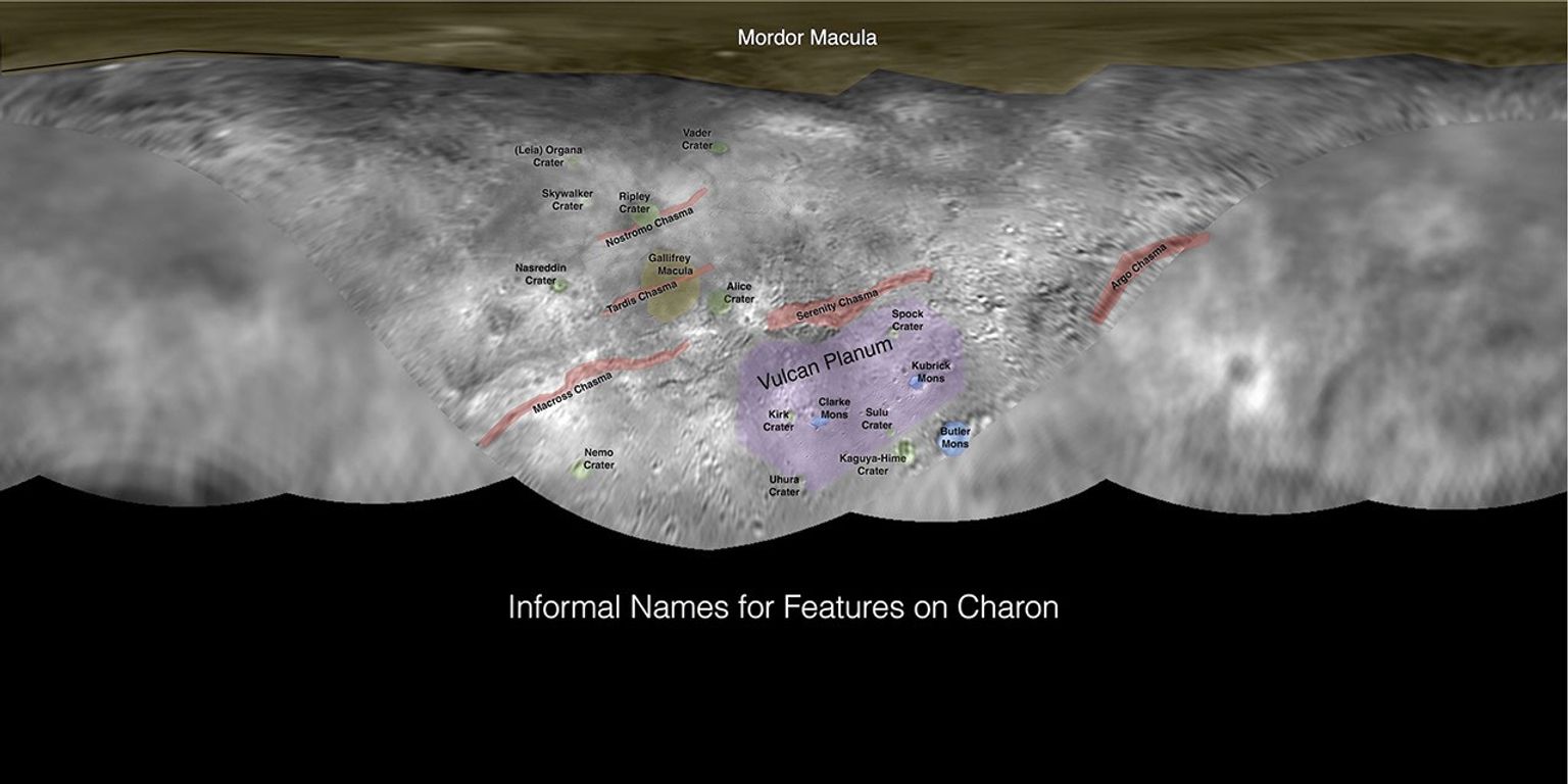 This image contains the initial, informal names being used by NASA's New Horizons team for the features and regions on the surface of Pluto's largest moon, Charon. These names have not yet been approved by the International Astronomical Union (IAU).