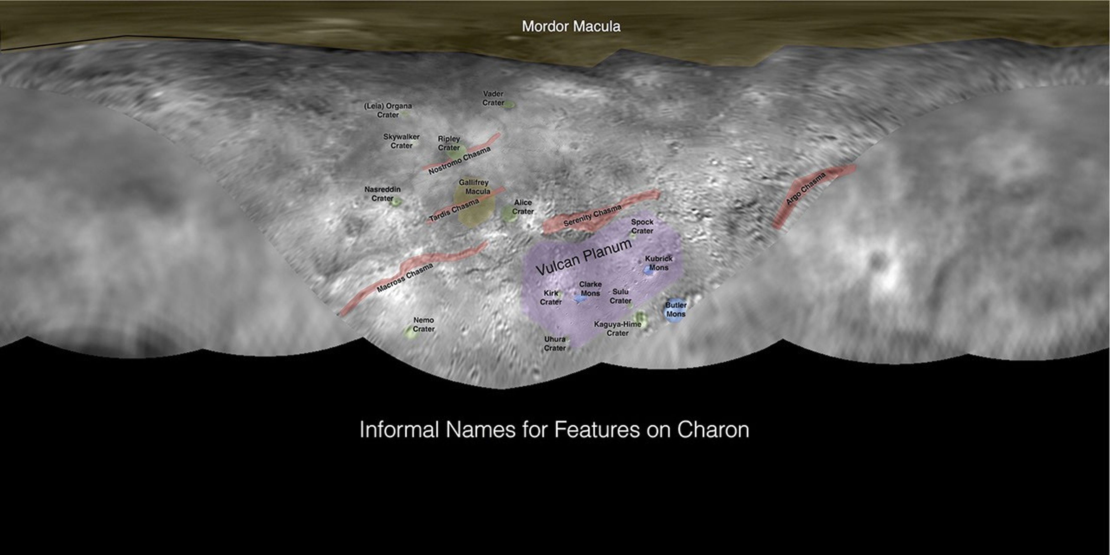 This image contains the initial, informal names being used by NASA's New Horizons team for the features and regions on the surface of Pluto's largest moon, Charon. These names have not yet been approved by the International Astronomical Union (IAU).