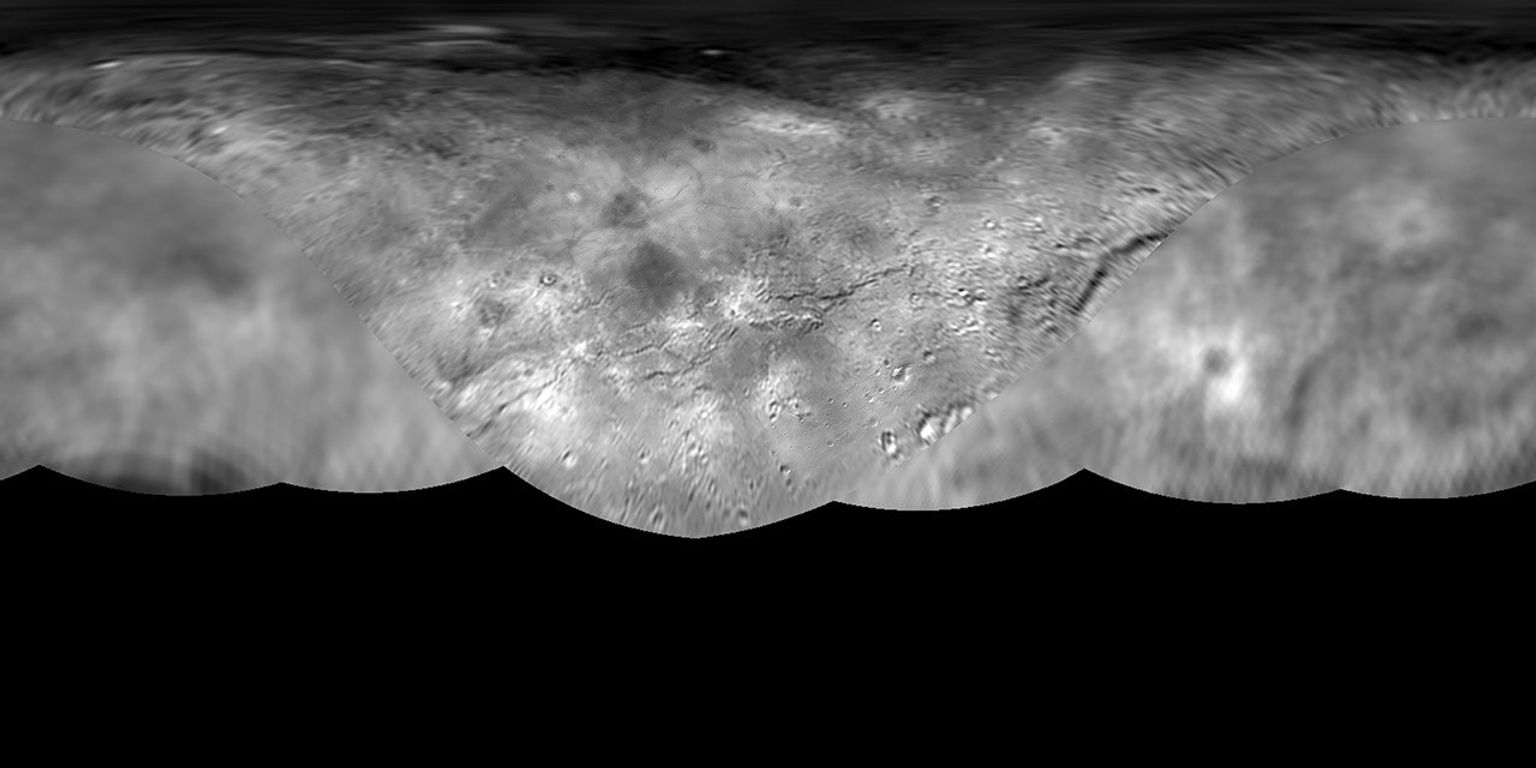 The science team of NASA's New Horizons mission has produced this global map of Pluto's largest moon, Charon. The map includes all available resolved images of the surface acquired between July 7-14, 2015 on the anti-Pluto facing hemisphere.