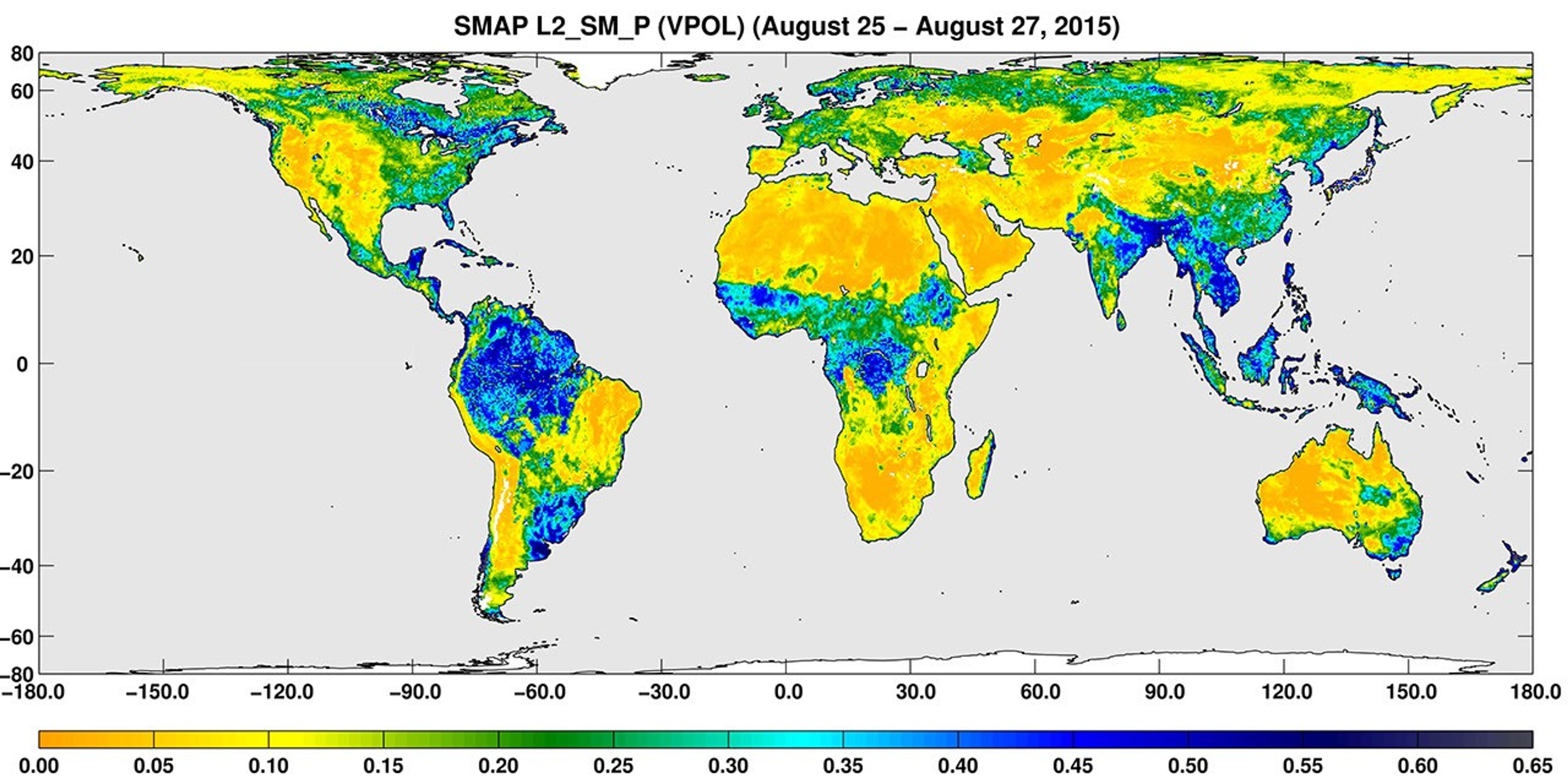 A three-day composite global map of surface soil moisture as retrieved from NASA's SMAP's radiometer instrument between Aug. 25-27, 2015. Dry areas appear yellow/orange, such as the Sahara Desert, western Australia and the western U.S.