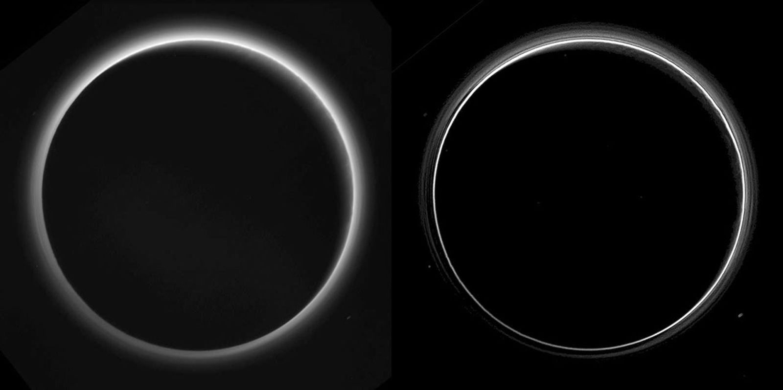 Two different versions of an image of Pluto's haze layers, taken by NASA's New Horizons as it looked back at Pluto's dark side nearly 16 hours after close approach, from a distance of 480,000 miles (770,000 kilometers).
