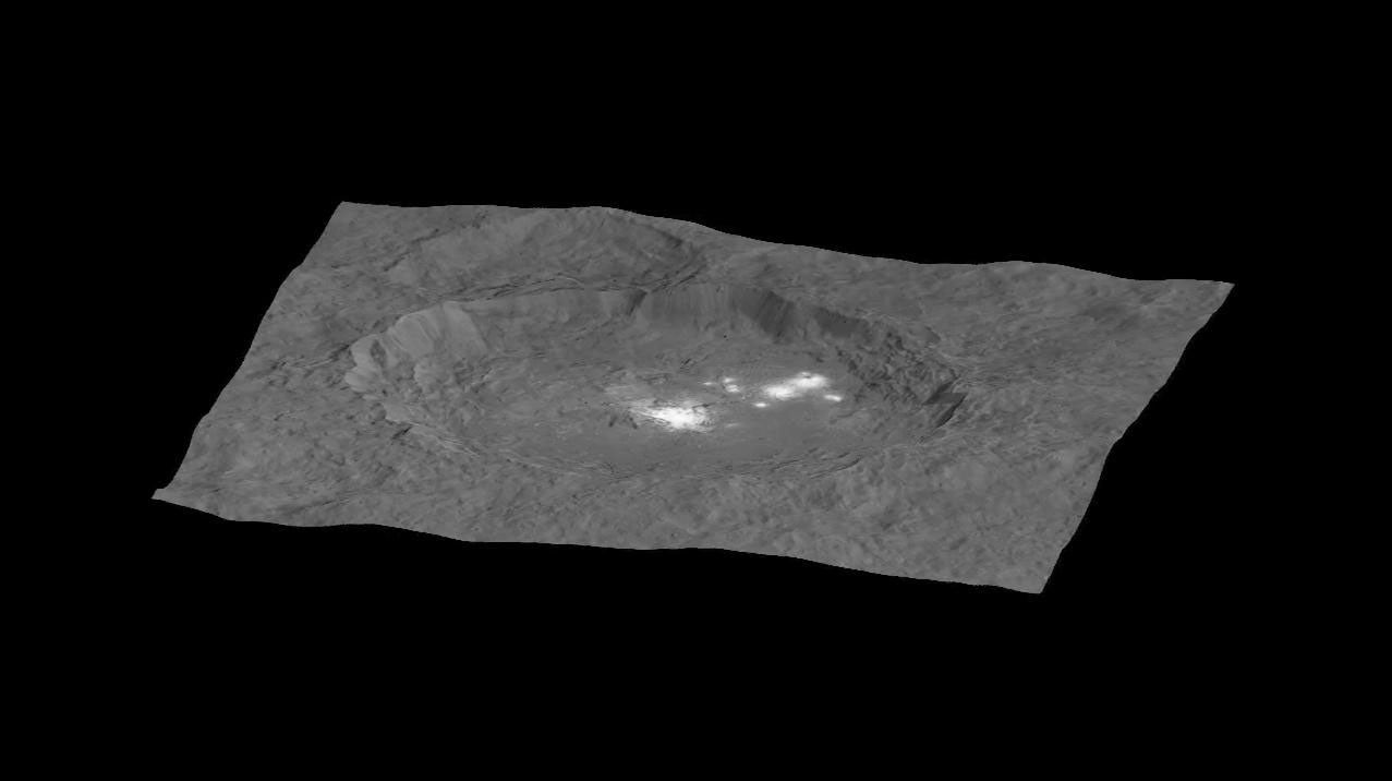 This still from an animation, made using images taken by NASA's Dawn spacecraft, shows Occator crater on Ceres, home to a collection of intriguing bright spots.